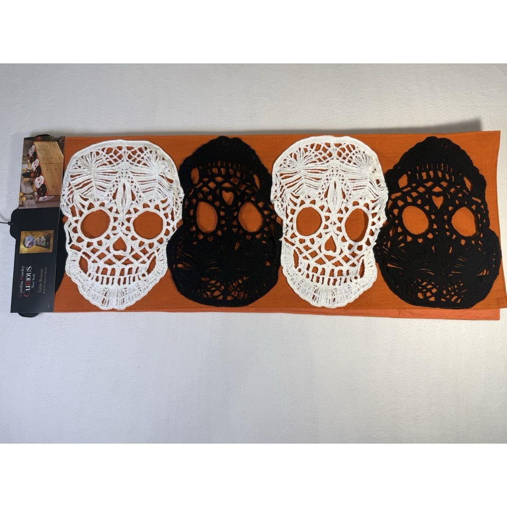Cynthia Rowley Curious Skull Halloween Orange Crochet Table Runner NWT 14 X 72